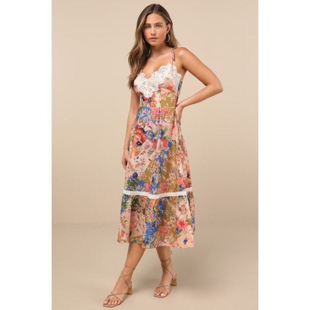 Lulus Ardith Light Pink Multi Floral Lace Tie-strap Midi Dress - Size XL